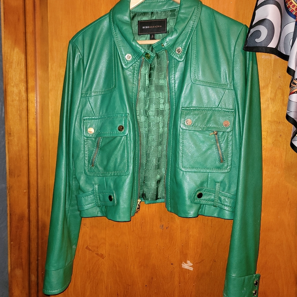 BCBG Maxazria green leather jacket, size Large